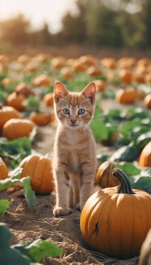 An adorable tan kitten with striking green eyes curiously exploring a pumpkin patch.