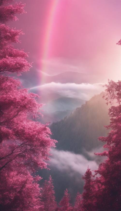 Pink rainbow shining brightly through misty mountains.