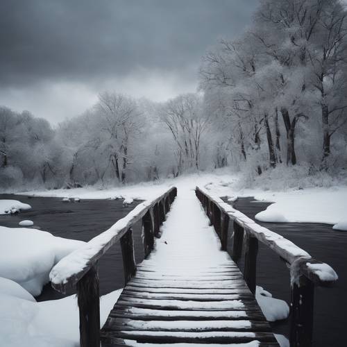 Uma velha ponte de madeira atravessando um rio negro e misterioso no meio de uma paisagem nevada.