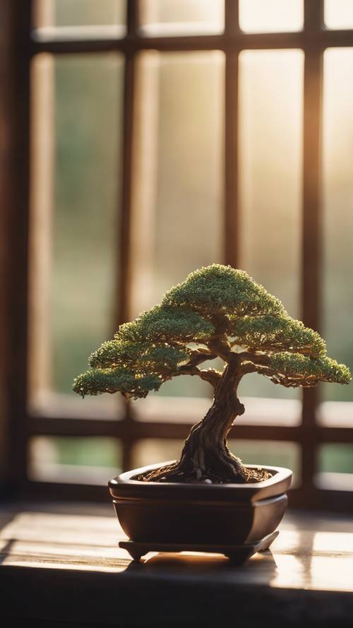 Ein kleiner Bonsai-Baum steht friedlich auf einem Holztisch neben einem Fenster, während das Sonnenlicht des frühen Morgens hereinfällt.