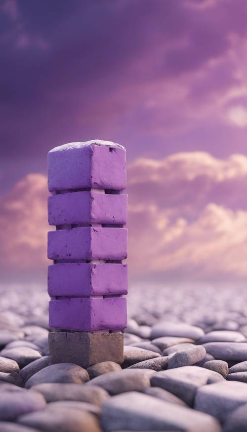 一塊紫色磚塊靠在白天雲層覆蓋的天空背景上。