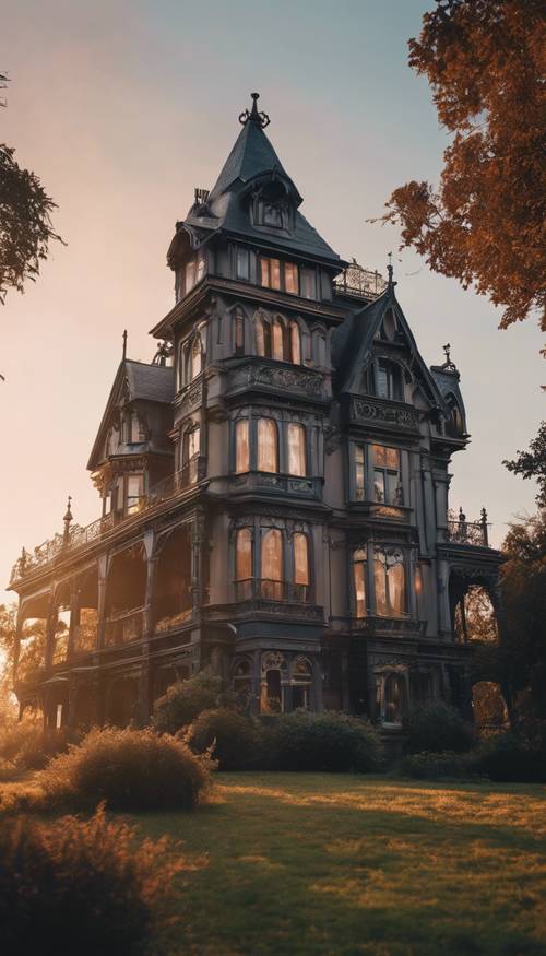 Una mansión gótica victoriana al atardecer.