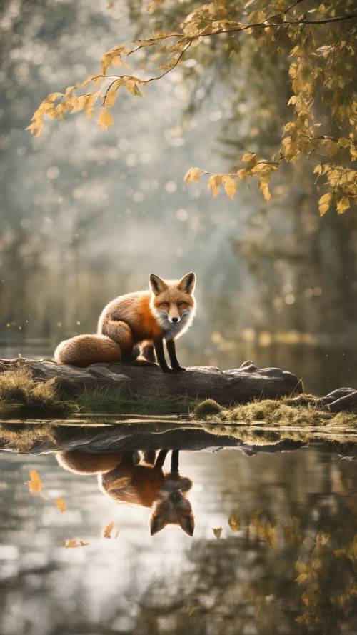 A solitary fox sitting at the edge of a tranquil woodland pond, its reflection echoing in the water's serene surface.