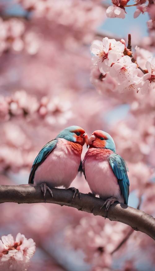 Dua ekor burung lovebird hinggap di dahan bunga sakura, saling bercumbu.