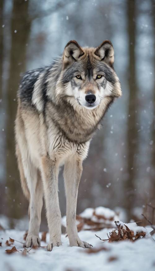 회색 늑대는 빽빽한 겨울 숲 속에서 경계심을 갖고 당신을 조심스럽게 지켜보고 있습니다.