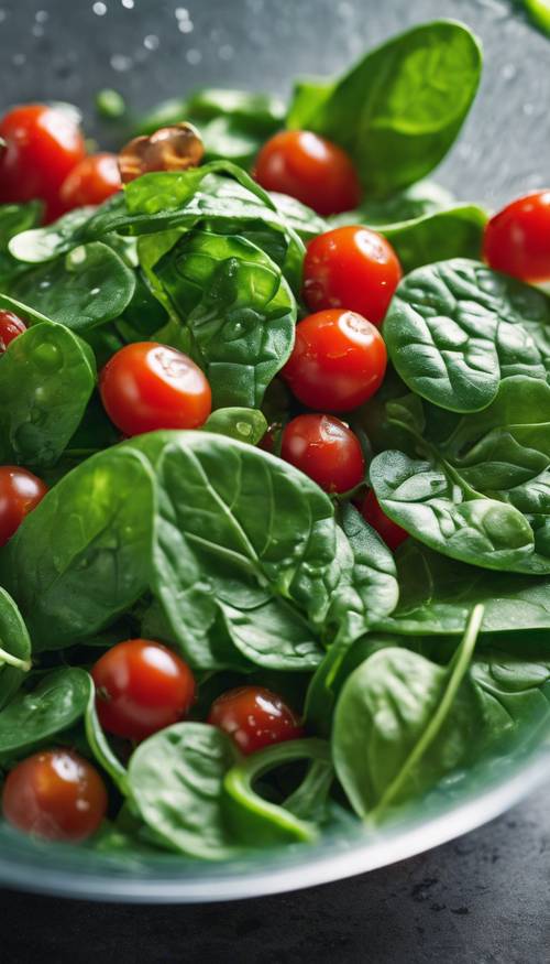 A handful of raw baby spinach, cherry tomatoes, and diced cucumbers tossed in a glass mixing bowl.