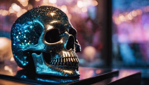 An opalescent glitter skull sitting on a glass shelf in a dimly lit room. Tapet [b4e1ee656a6a429ea2fe]
