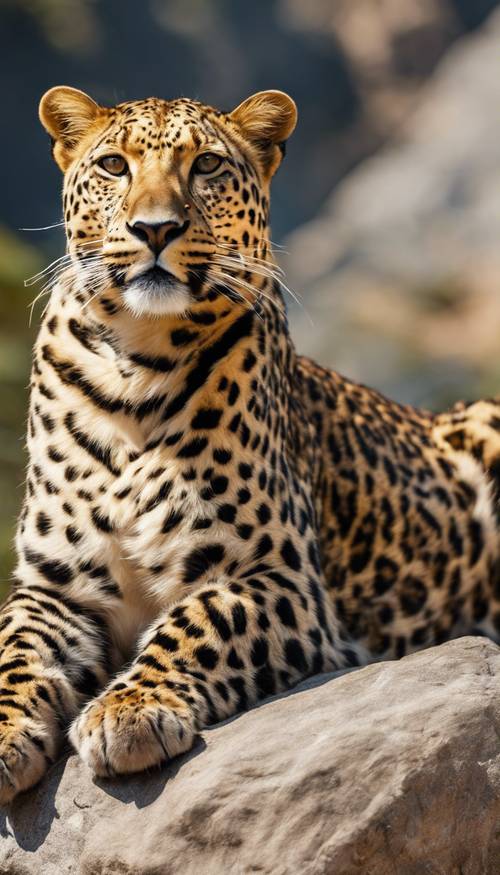 Um impressionante leopardo dourado tomando banho de sol em uma grande rocha