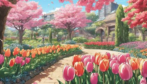 Tulip cerah bergaya anime dibelai oleh angin musim semi yang lembut di taman yang terawat rapi.