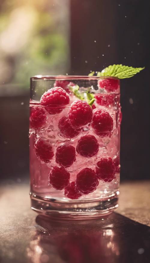 A single ripe raspberry floating in a cold glass of lemonade.