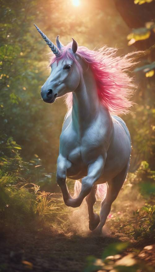 Un unicornio con los colores del arcoíris corriendo por un bosque mágico al amanecer.
