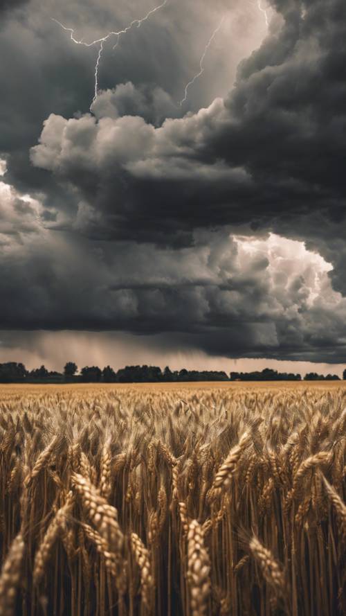 Awan badai dramatis berkumpul di atas ladang gandum di sebuah peternakan.