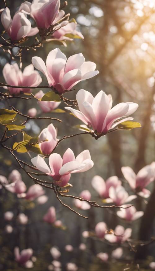 Magnolia blossoms in a forest clearing lit by soft sunlight.