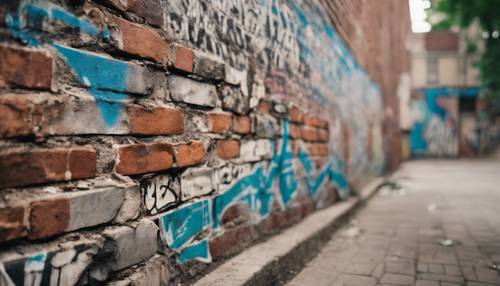 지역 음악계의 역사를 말해주는 빛바랜 낙서가 겹겹이 쌓인 풍화된 벽돌 벽입니다.