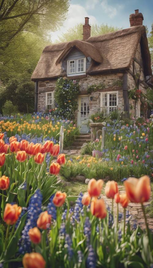 A quaint cottage with a blooming cottage garden filled with tulips, bluebells and daisies heralding spring's arrival.