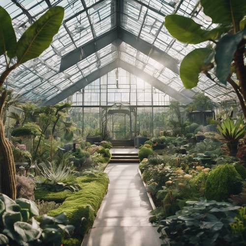 Une vue panoramique sur un jardin botanique ultramoderne, avec des serres futuristes, des sculptures et des espèces végétales rares.