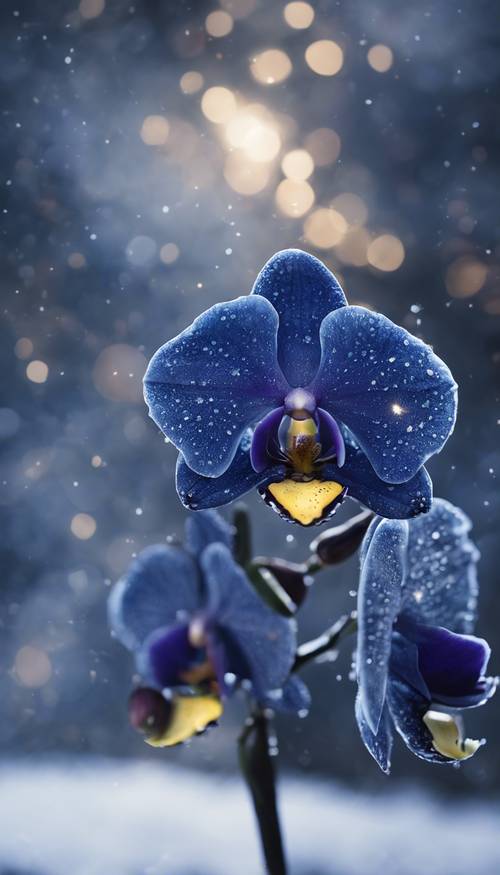 Eine marineblaue Orchidee, bestäubt mit leicht funkelndem Frost, im Mondlicht.