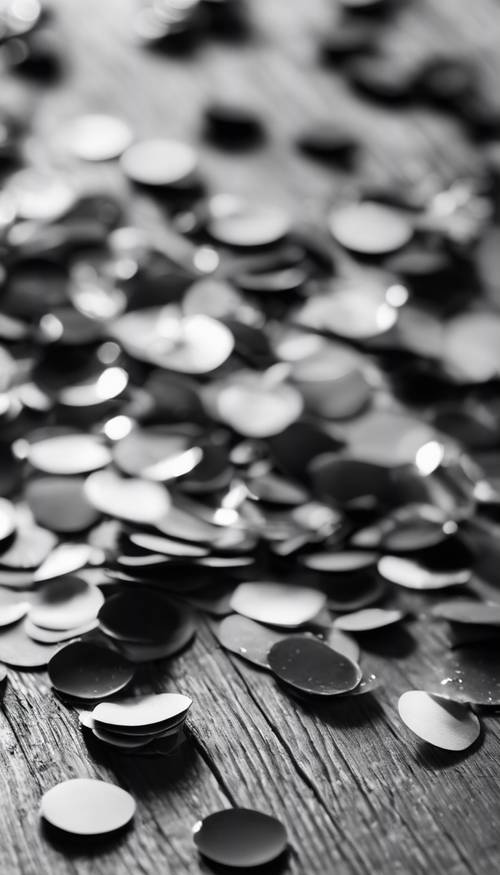 A close-up shot of confetti, in black and white detail, scattered across a polished wooden table. کاغذ دیواری [79fe2f8f94ce482d8fcf]