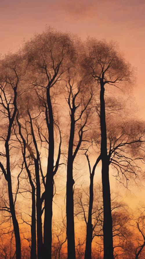 A beautiful light orange sunset painting with a silhouette of trees.