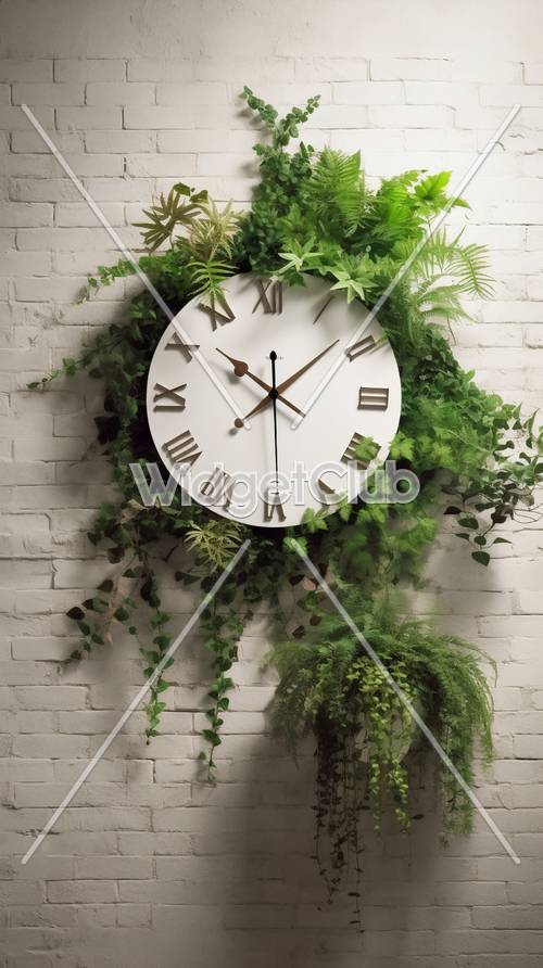 Green Plants Clock on White Brick Wall
