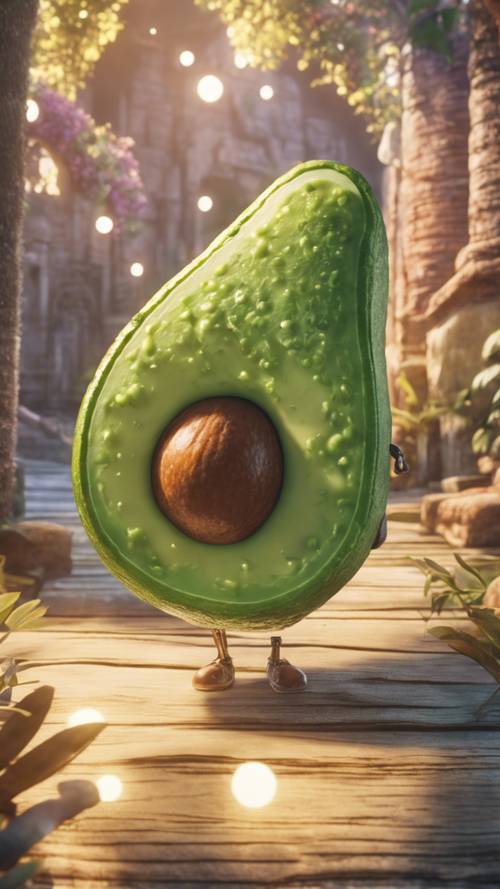 Uma cena estilo mangá de um abacate em uma jornada mágica