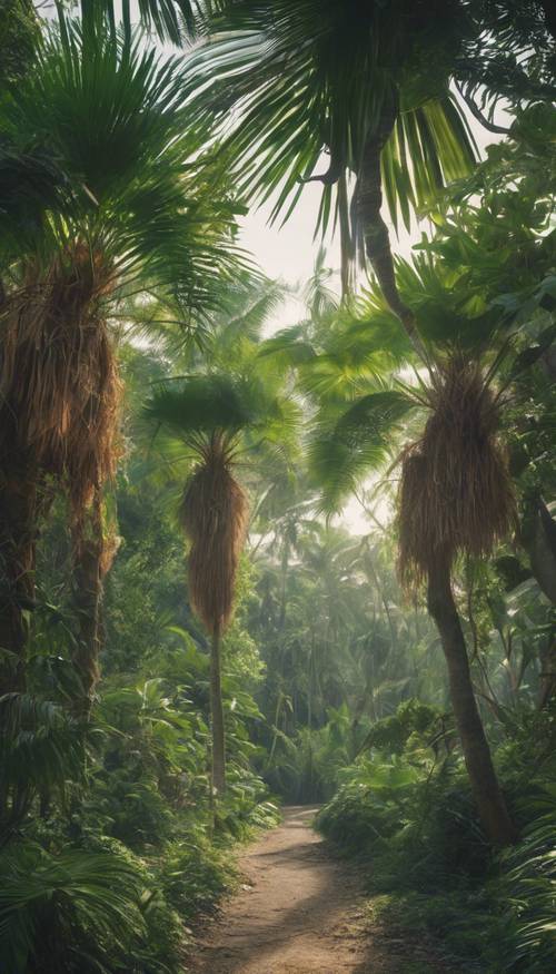 Một tán cây xanh tươi tốt với những dây leo đan xen và những cây cọ trải dài trong một khu rừng nhiệt đới vào một buổi chiều ẩm ướt.
