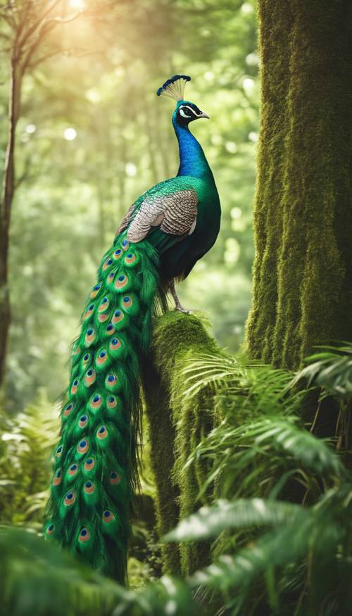 A green peacock displaying its luxurious tail in a lush forest. Tapet [71cf729e00cd4e56a5a4]