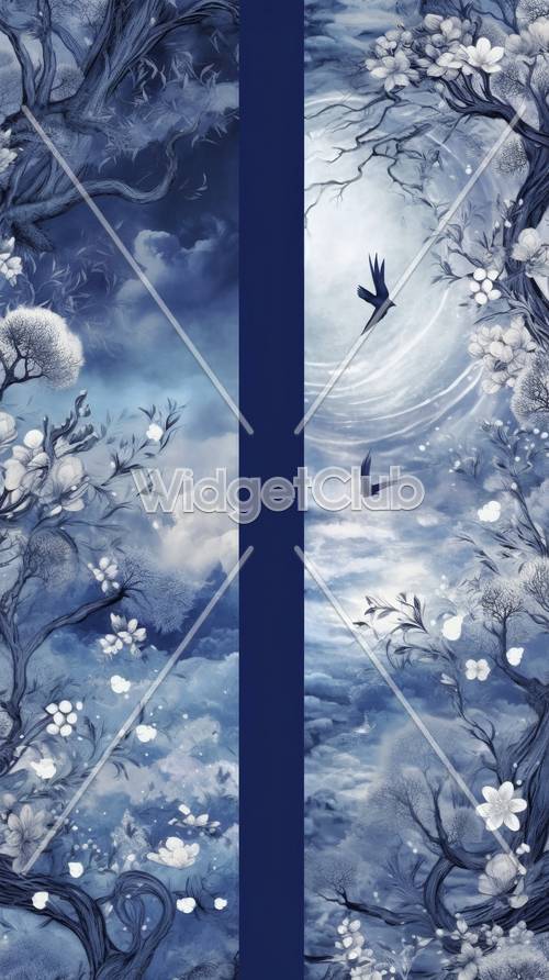 Зачарованный голубой лес с летающими птицами