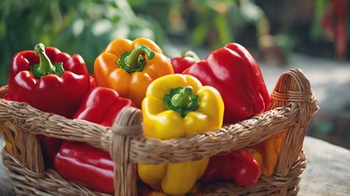 Juicy bell peppers, half of them a vibrant cool red, rest are bright yellow, neatly arranged in a woven basket.