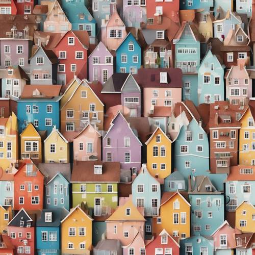 Fileiras de casas coloridas de bolinhas em uma rua pitoresca e charmosa de uma cidade idílica.