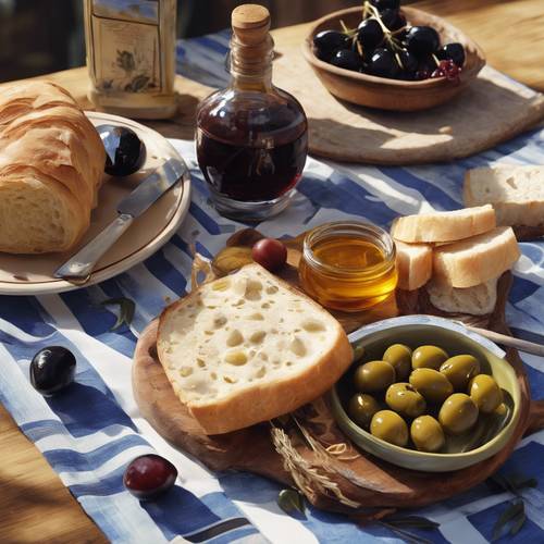 Una pintura de naturaleza muerta que muestra una variedad de comida griega: miel, aceitunas, vino y pan fresco.