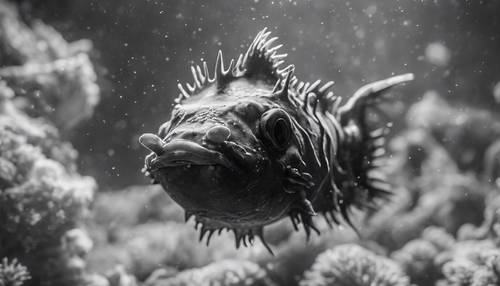 Seekor anglerfish hitam dan putih bersembunyi di kedalaman laut yang paling gelap.