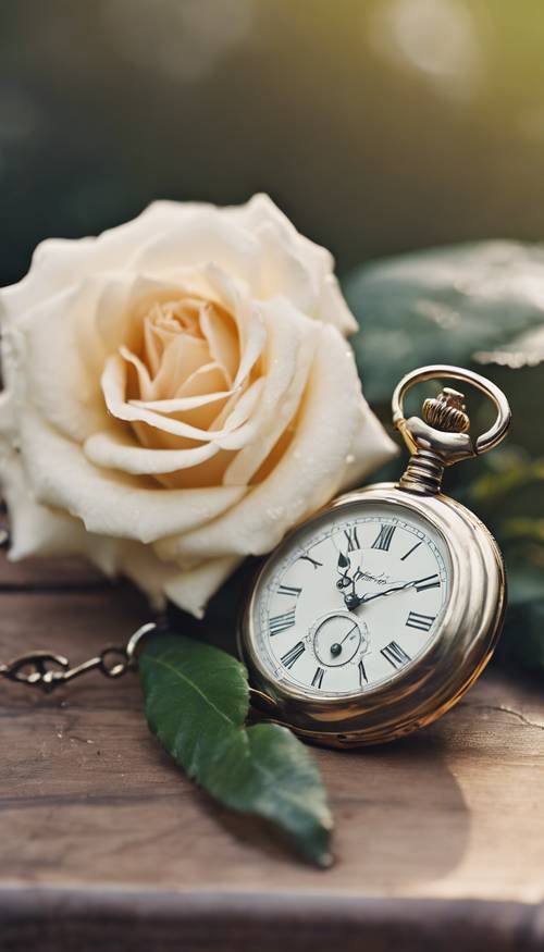 Uma elegante rosa de cor creme num banco de jardim ao lado de um relógio de bolso vintage.