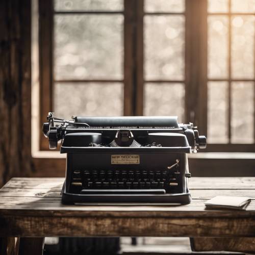 Eine schwarze Vintage-Schreibmaschine auf einem rustikalen Holzschreibtisch, eine unvollendete Geschichte, die darauf wartet, erzählt zu werden.