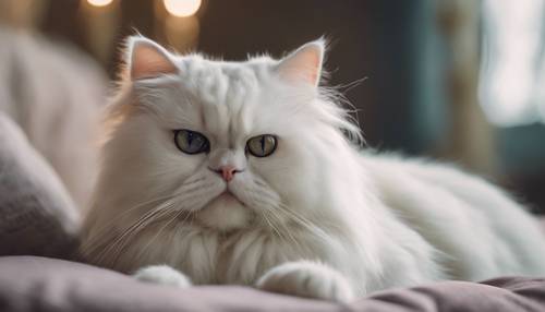 Um gato persa branco, com seu comportamento imponente e majestoso exibido enquanto está sentado em uma almofada de veludo real.