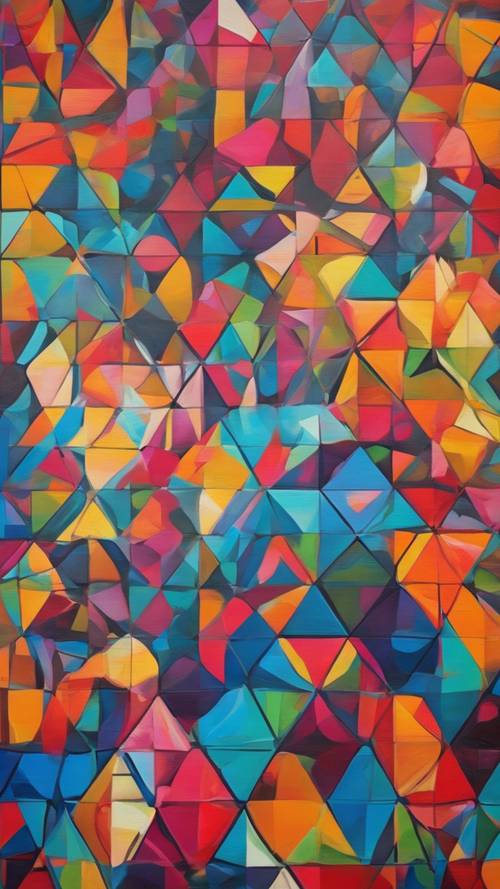 Uma pintura de arte moderna com formas geométricas em cores fortes e vivas.