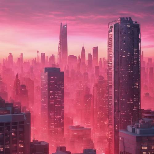 A city skyline at dawn painted in soft watermelon hues.