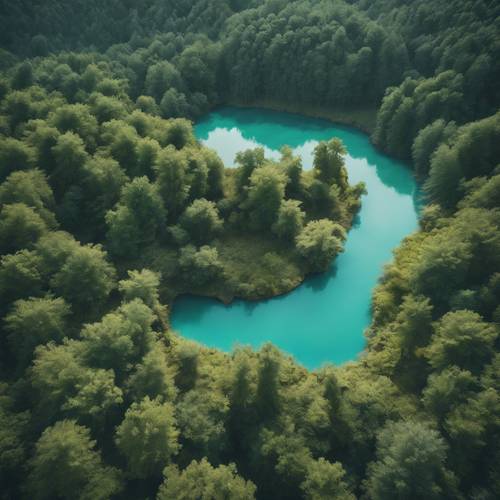 נוף אווירי של אגם בצבע טורקיז השוכן בלב יער עבות, ללא נגיעה בציוויליזציה האנושית.