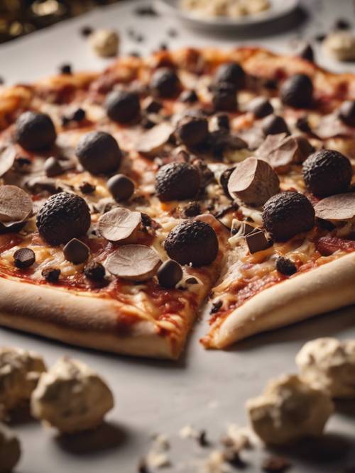 A close up of a gourmet pizza topped with luxurious truffles, wafting a tempting aroma, at an upscale Italian restaurant.