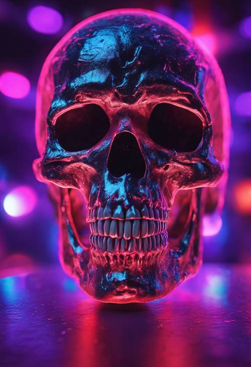 Una calavera de neón hiperrealista con brillantes tonos de púrpura y rojo.