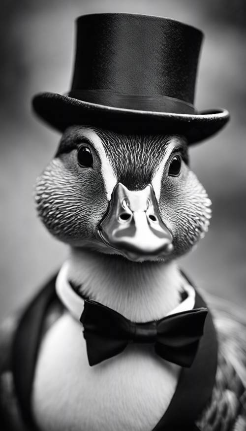 黑白素描，一隻鴨子，態度酷，戴著領結，戴著禮帽。