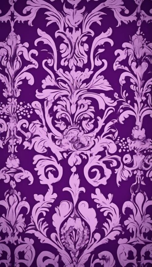 Un motivo damascato riccamente dettagliato in viola vellutato con caratteri floreali astratti.