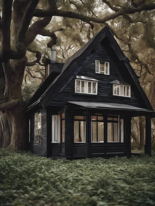 A small, rustic house made of black brick hidden amongst towering oak trees.