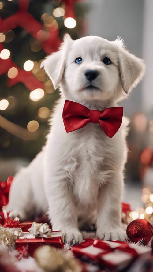A cute white puppy wearing a red bow tie, standing in a Christmas setup.