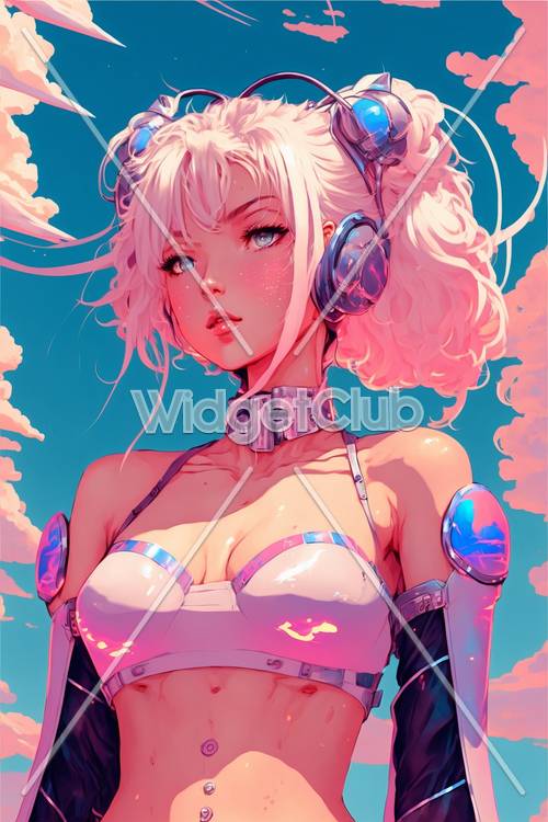 Blondynka Anime ze słuchawkami w różowych chmurach