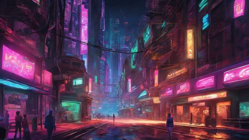 A digital painting of a futuristic video game cityscape at night, bathed in neon lights.