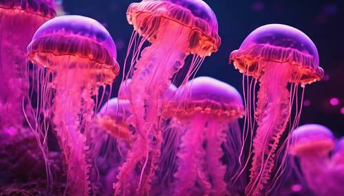 Água-viva bioluminescente brilhando em tons de rosa e roxo.