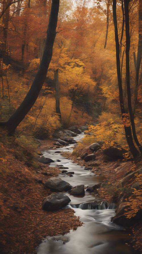 Um calmo riacho florestal serpenteando por entre a densa folhagem de outono, refletindo em sua superfície as cores quentes do outono.