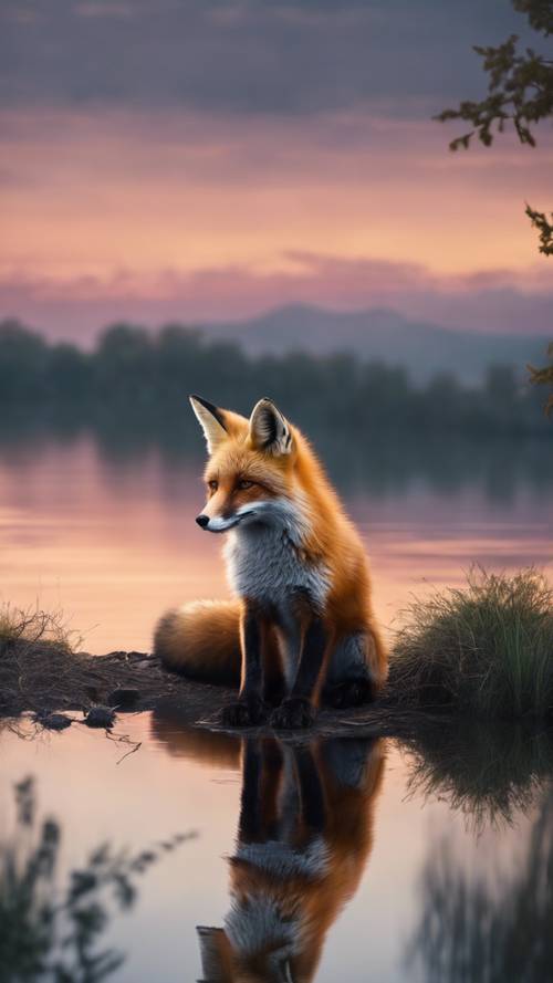 A sombre fox sitting next to a calm lake reflecting the twilight sky.