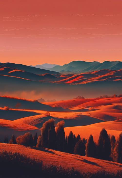 Um vale sob o sol poente com tons gradientes de laranja e vermelho pintando o céu.